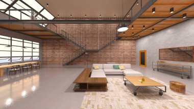 Tuğla duvarlı toplantı odasının 3 boyutlu görüntüsü