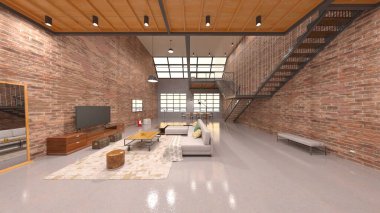 Tuğla duvarlı toplantı odasının 3 boyutlu görüntüsü