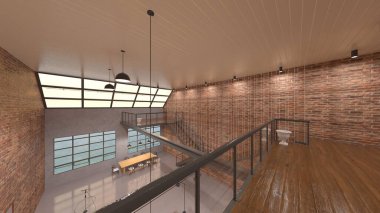 Tuğla duvarlı toplantı odasının 3 boyutlu görüntüsü