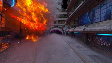 Gelecekteki şehir manzarasının 3D görüntüsü saldırı altında