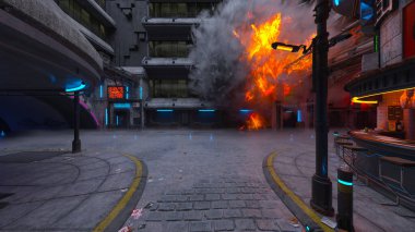 Gelecekteki şehir manzarasının 3D görüntüsü saldırı altında