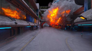 Gelecekteki şehir manzarasının 3D görüntüsü saldırı altında