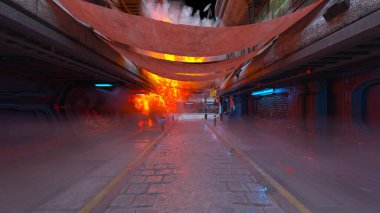 Gelecekteki şehir manzarasının 3D görüntüsü saldırı altında