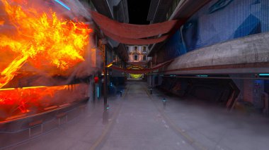 Gelecekteki şehir manzarasının 3D görüntüsü saldırı altında