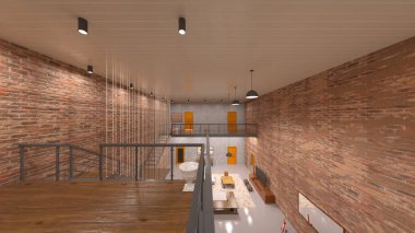 Tuğla duvarlı toplantı odasının 3 boyutlu görüntüsü