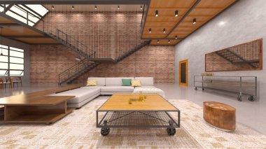 Tuğla duvarlı toplantı odasının 3 boyutlu görüntüsü