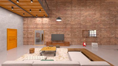 Tuğla duvarlı toplantı odasının 3 boyutlu görüntüsü