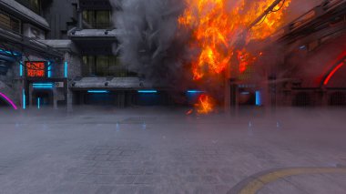 Gelecekteki şehir manzarasının 3D görüntüsü saldırı altında