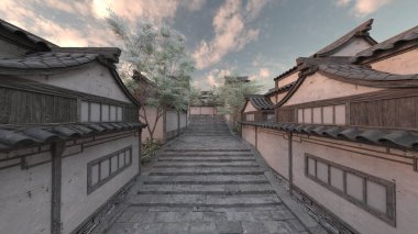 Çin tarzı binaların 3D görüntüsü