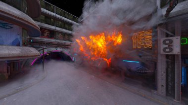 Gelecekteki şehir manzarasının 3D görüntüsü saldırı altında