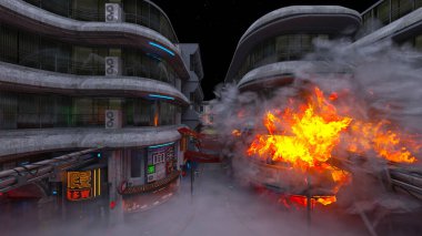 Gelecekteki şehir manzarasının 3D görüntüsü saldırı altında