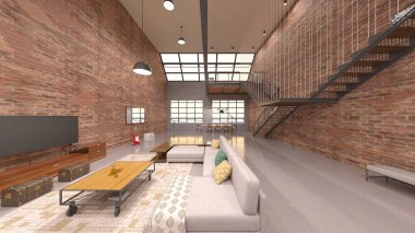 Tuğla duvarlı toplantı odasının 3 boyutlu görüntüsü