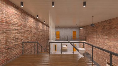 Tuğla duvarlı toplantı odasının 3 boyutlu görüntüsü