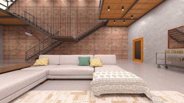 Tuğla duvarlı toplantı odasının 3 boyutlu görüntüsü