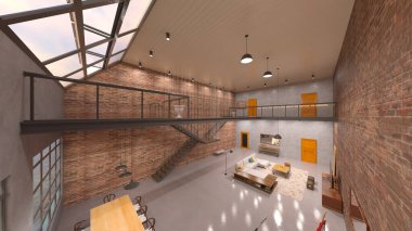 Tuğla duvarlı toplantı odasının 3 boyutlu görüntüsü