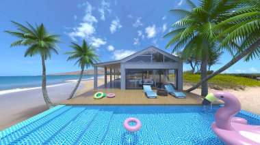 Evin yüzme havuzlu 3D görüntüsü