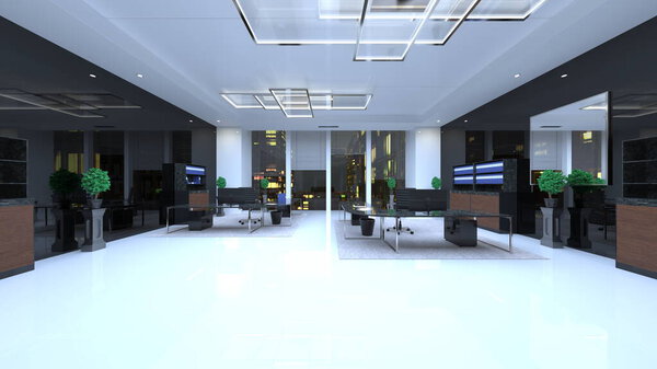 3D рендеринг гостиной с ночным видом