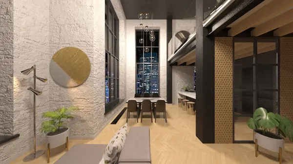 Oturma odasının gece görüşlü 3D görüntüsü