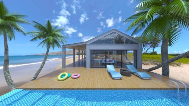 Evin yüzme havuzlu 3D görüntüsü