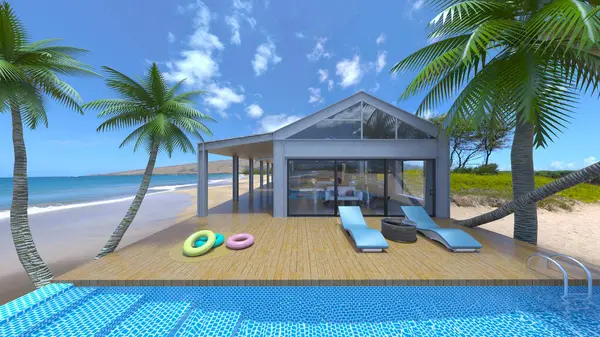 Evin yüzme havuzlu 3D görüntüsü