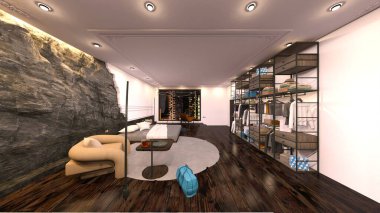 Oturma odasının gece görüşlü 3D görüntüsü