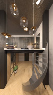 Oturma odasının gece görüşlü 3D görüntüsü