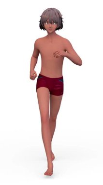 Yarısı pantolon içinde koşan bir adamın 3 boyutlu görüntüsü