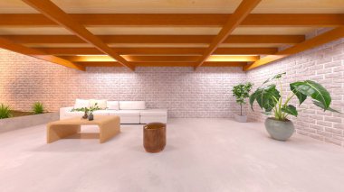 Büyük pencereli oturma odasının 3B görüntüsü