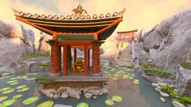 Kayalık dağ tapınağının 3 boyutlu görüntüsü