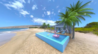 Evin yüzme havuzlu 3D görüntüsü