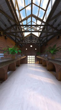 Tuğla duvarlı toplantı odasının 3 boyutlu görüntüsü