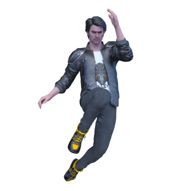 Deri ceketli bir adamın 3 boyutlu görüntüsü.