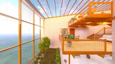 Büyük pencereli oturma odasının 3B görüntüsü