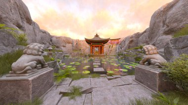 Kayalık dağ tapınağının 3 boyutlu görüntüsü