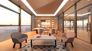 Camla çevrili toplantı odalarının 3 boyutlu canlandırması