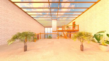 Büyük pencereli oturma odasının 3B görüntüsü