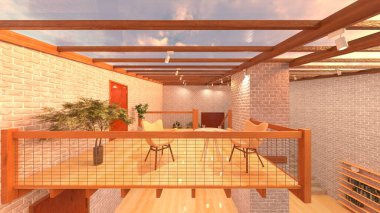 Büyük pencereli oturma odasının 3B görüntüsü