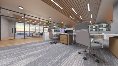 Camla çevrili toplantı odalarının 3 boyutlu canlandırması