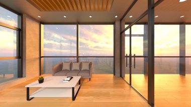 Camla çevrili toplantı odalarının 3 boyutlu canlandırması