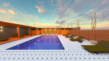 Dış yüzme havuzunun 3D görüntüsü