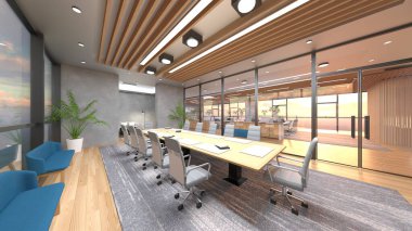 Camla çevrili toplantı odalarının 3 boyutlu canlandırması