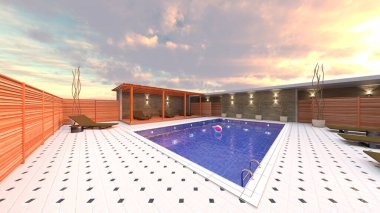 Dış yüzme havuzunun 3D görüntüsü