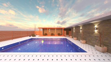 Dış yüzme havuzunun 3D görüntüsü