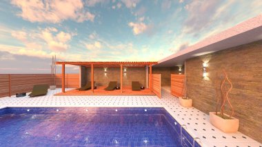 Dış yüzme havuzunun 3D görüntüsü