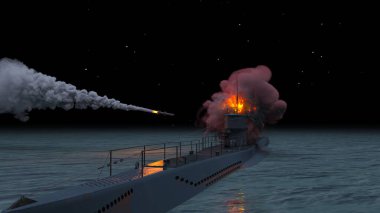 Denizaltının 3D görüntüsü füze saldırısı altında.