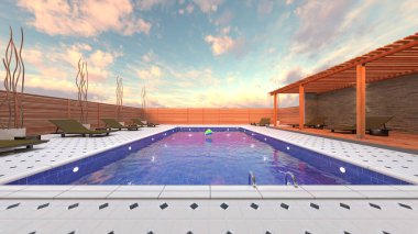 Evin yüzme havuzlu 3D görüntüsü