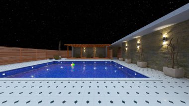 Evin yüzme havuzlu 3D görüntüsü
