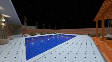 Evin yüzme havuzlu 3D görüntüsü