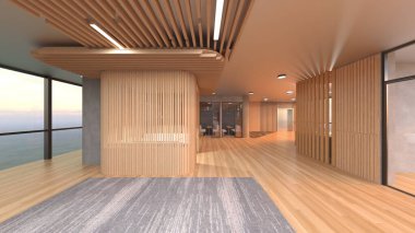 Camla çevrili toplantı odalarının 3 boyutlu canlandırması