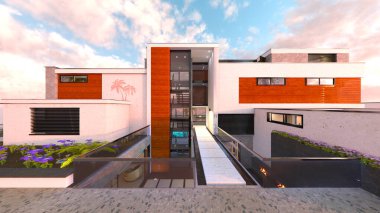 Evin yüzme havuzlu 3D görüntüsü